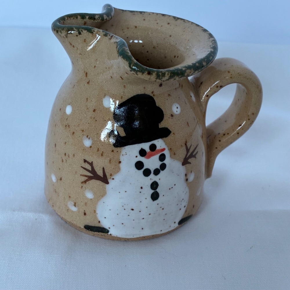 Three Rivers Pottery Snowman Mini Pitcher OH Made Signed Xmas Rustic Farmhouse